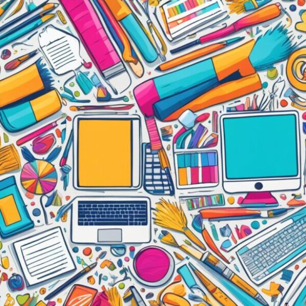 A vibrant and colorful visual representation of the art job market, showcasing diverse opportunities in various creative fields such as graphic design, fashion design, fine arts, illustration, and animation. The image should feature a mix of traditional and digital media with elements such as paintbrushes, pencils, tablets, and computer screens. It should also include iconic objects related to each field, like sewing machines for fashion design or palette knives for fine arts. The image should be dynamic and lively with a sense of movement and progression.