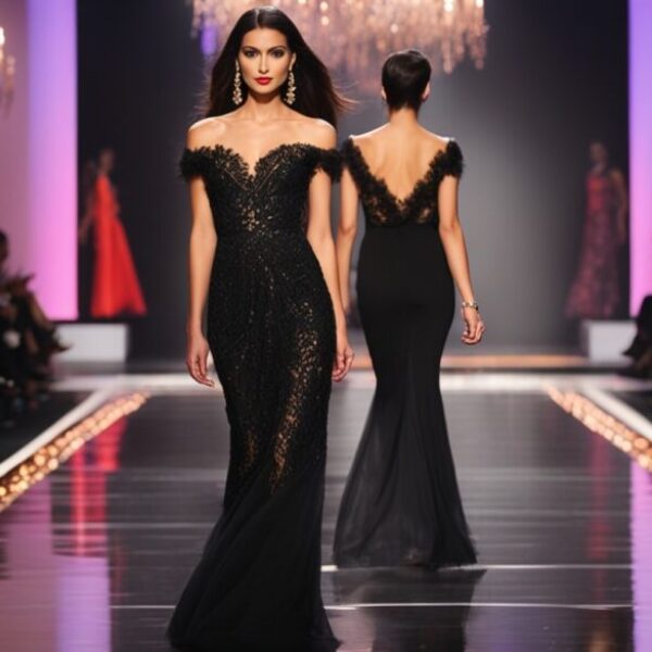 Capture Bianca Censori as the centre of attention, strutting down the runway in a flawlessly tailored black gown with intricate lace detailing. The lights from the flashing cameras reflect off her glossy high heels as she confidently sashays towards the end of the catwalk. The crowd is a blur of ecstatic faces, but Bianca maintains her composed expression, exuding an air of graceful elegance and sophistication. In the background, showcase the vibrant hues and textures of the surrounding designer garments, adding a burst of colourful energy to the image.