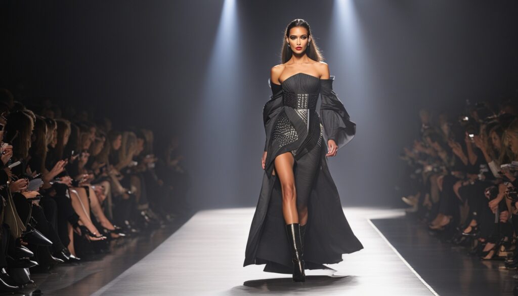 Create an image of Bianca Censori strutting down the runway, confidently showcasing a daring and avant-garde outfit. The lighting should be dim, with dramatic shadows that accentuate the curves of her tall, slender figure. The focus should be on her fierce expression and poised stance, as she commands the attention of the audience with each step. In the background, other models can be seen in muted tones, emphasizing Bianca's unique style and commanding presence on the catwalk.
