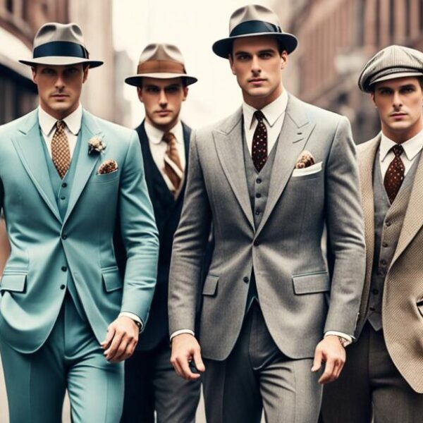 Create an image showcasing men's fashion from the 1920s, inspired by the flapper era with a focus on dapper style. Incorporate elements like sharp suits, fedoras, pocket squares, spats, and wingtip shoes. Use muted tones and a vintage aesthetic to create a timeless feel reminiscent of the Gatsby-era. The image should capture the essence of sophistication and glamour associated with this iconic period in fashion history.