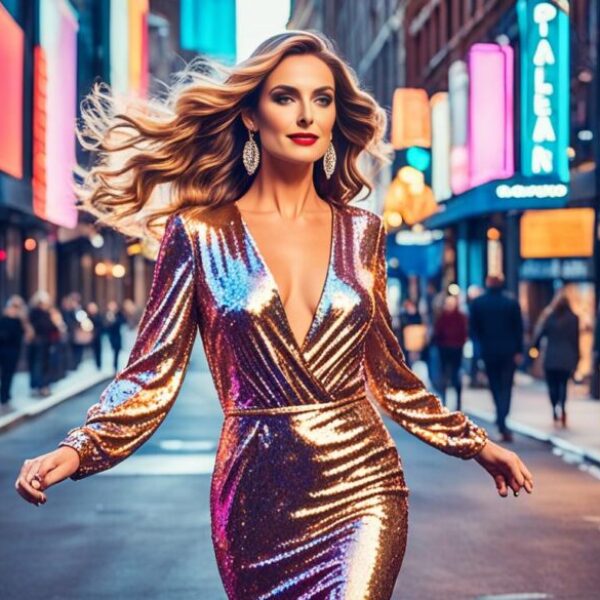 Create an image of a woman walking confidently along a city street, surrounded by vibrant lights and colors. She is wearing a stunning, shiny sequined dress that sparkles with every step she takes. Her hair is sleek and styled in loose waves, and she accessorizes with bold, statement jewelry and glamorous high heels. The overall effect is one of radiant style and glamour, perfect for any occasion.