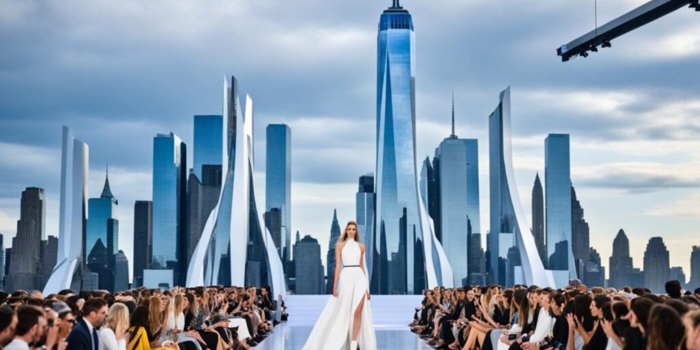 A futuristic runway set against a towering city skyline with models strutting down the catwalk in cutting-edge designs. The audience is filled with fashion industry elites dressed in sleek, modern attire, capturing the energy and excitement of NY Fashion Week 2024.