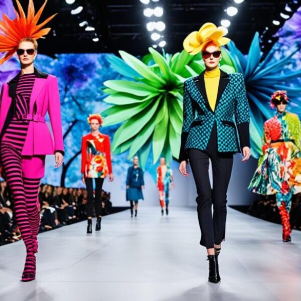Create an image of a runway show with models wearing bold and avant-garde clothing. Use vibrant colors and unique textures to showcase the trendsetting styles of the fashion world. Add in elements of nature, such as flowers or foliage, to highlight the beauty and creativity of the designs. Play with lighting to create dramatic shadows and highlights, adding depth and dimension to the scene.