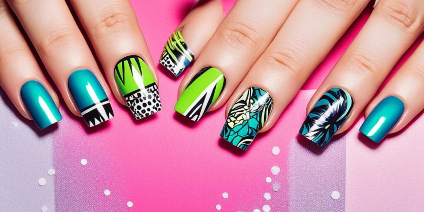 Create a close-up image of a hand with fashion nails painted in the latest style and designs. The nails should be long and perfectly manicured in vibrant and contrasting colors, such as hot pink and neon green or deep blue and metallic silver. The nail art should feature striking patterns, like geometric shapes, animal prints, or floral motifs, in intricate detail. The hand should be positioned in a way that showcases the nails, with the fingers slightly curved and the palm facing upwards. The background should be blurry to draw the focus to the nails and create a sense of depth and dimension.