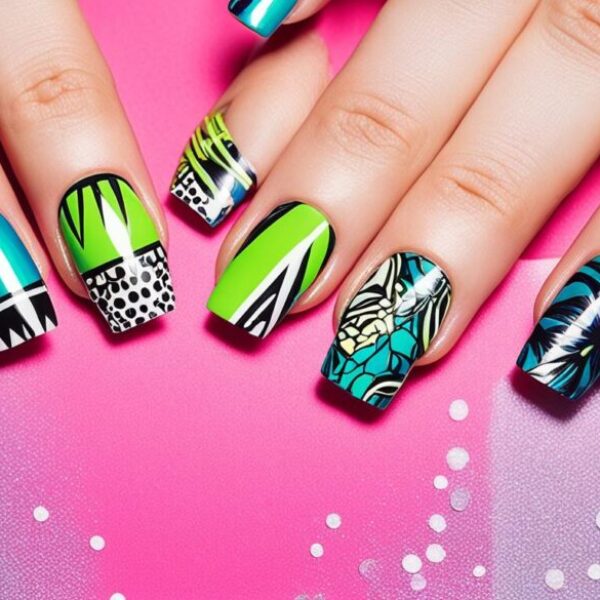 Create a close-up image of a hand with fashion nails painted in the latest style and designs. The nails should be long and perfectly manicured in vibrant and contrasting colors, such as hot pink and neon green or deep blue and metallic silver. The nail art should feature striking patterns, like geometric shapes, animal prints, or floral motifs, in intricate detail. The hand should be positioned in a way that showcases the nails, with the fingers slightly curved and the palm facing upwards. The background should be blurry to draw the focus to the nails and create a sense of depth and dimension.