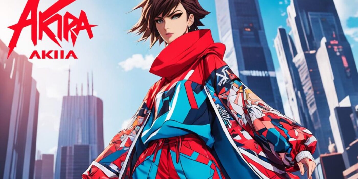Create an image showcasing Akira Clothing's anime-inspired fashion, featuring a stylish and edgy outfit with bold patterns and vibrant colors. The focus should be on the intricate details of the outfit, such as the oversized sleeves, unique cuts, and futuristic accessories. Use a dynamic pose to show off the outfit's movement and energy, with a background that complements the overall aesthetic. The overall mood should be confident and rebellious, reflecting the brand's bold and daring style.