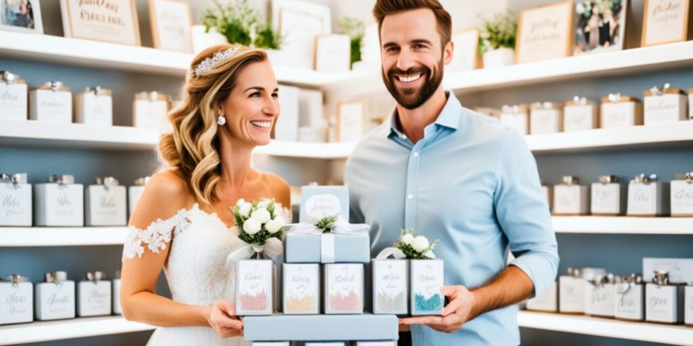 A bride and groom standing in front of shelves filled with unique personalized wedding gifts. The gifts are customized with their names, wedding date, and other special details. The couple is smiling and admiring the thoughtful gifts, creating lasting memories of their special day.