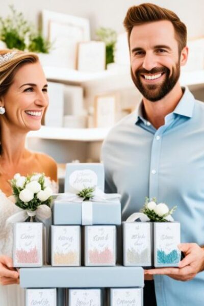 A bride and groom standing in front of shelves filled with unique personalized wedding gifts. The gifts are customized with their names, wedding date, and other special details. The couple is smiling and admiring the thoughtful gifts, creating lasting memories of their special day.