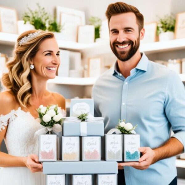 A bride and groom standing in front of shelves filled with unique personalized wedding gifts. The gifts are customized with their names, wedding date, and other special details. The couple is smiling and admiring the thoughtful gifts, creating lasting memories of their special day.