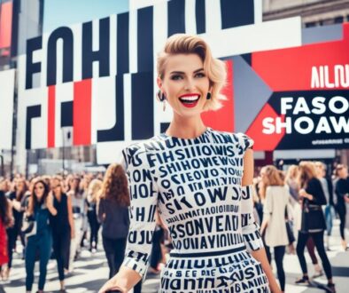 A bustling cityscape with a stylish billboard displaying "Fashion Shows Near You" in bold letters. Crowds of fashion-forward individuals are seen milling about in the background, while in the foreground, a young woman dressed in trendy clothing holds a smartphone excitedly, indicating she has just discovered a nearby fashion event. A subtle hint of a red carpet can be seen in the lower right corner, signaling that this is an exclusive event.