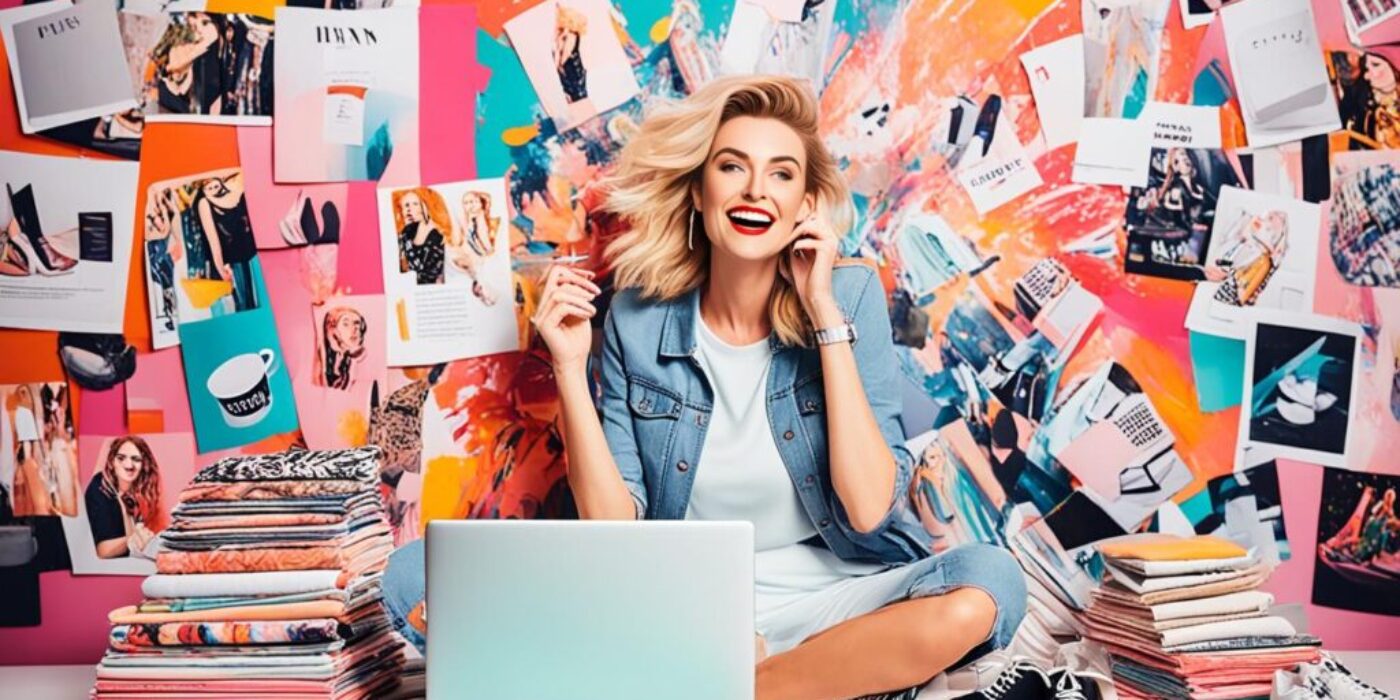 Create an image of a person sitting in front of a laptop, surrounded by fashion magazines and coffee cups. Have the person looking inspired and happy as they browse through the blog for style tips and inspiration. In the background, have a bold and colorful mural with fashion-related images like shoes, dresses, and accessories. Let the overall mood of the image be energetic and fashionable.