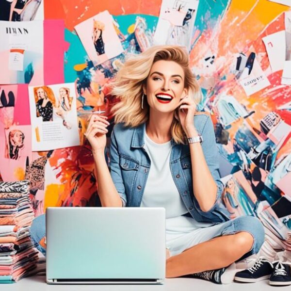 Create an image of a person sitting in front of a laptop, surrounded by fashion magazines and coffee cups. Have the person looking inspired and happy as they browse through the blog for style tips and inspiration. In the background, have a bold and colorful mural with fashion-related images like shoes, dresses, and accessories. Let the overall mood of the image be energetic and fashionable.