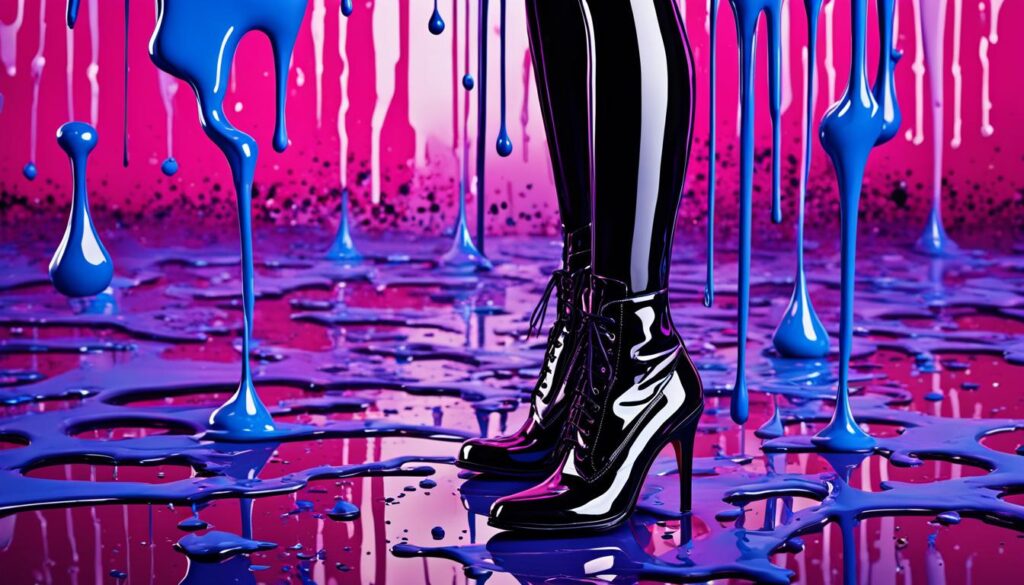 A colorful, abstract pattern of drips and splatters, in shades of pink, blue, and purple, with a glossy, reflective finish. The pattern should be repeated in different sizes and orientations across the image for a dynamic effect. In the foreground, there should be a fashionable figure wearing a sleek, black outfit with glossy accents, such as patent leather boots or a vinyl jacket. The figure should be standing confidently amidst the drippy pattern, looking cool and collected. The overall mood of the image should be edgy and stylish, capturing the essence of drippy fashion.