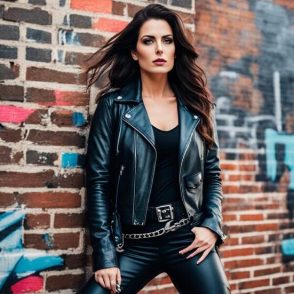 Create an image of a woman wearing a black leather jacket and knee-high combat boots, standing in front of a grimy brick wall with graffiti. The focus should be on the edgy contrast between the sleek black outfit and the rough industrial backdrop. Add some metallic accents, such as a silver chain belt or spiked jewelry, to enhance the tough vibe. The woman's pose should be confident and defiant, exuding a rebellious attitude.