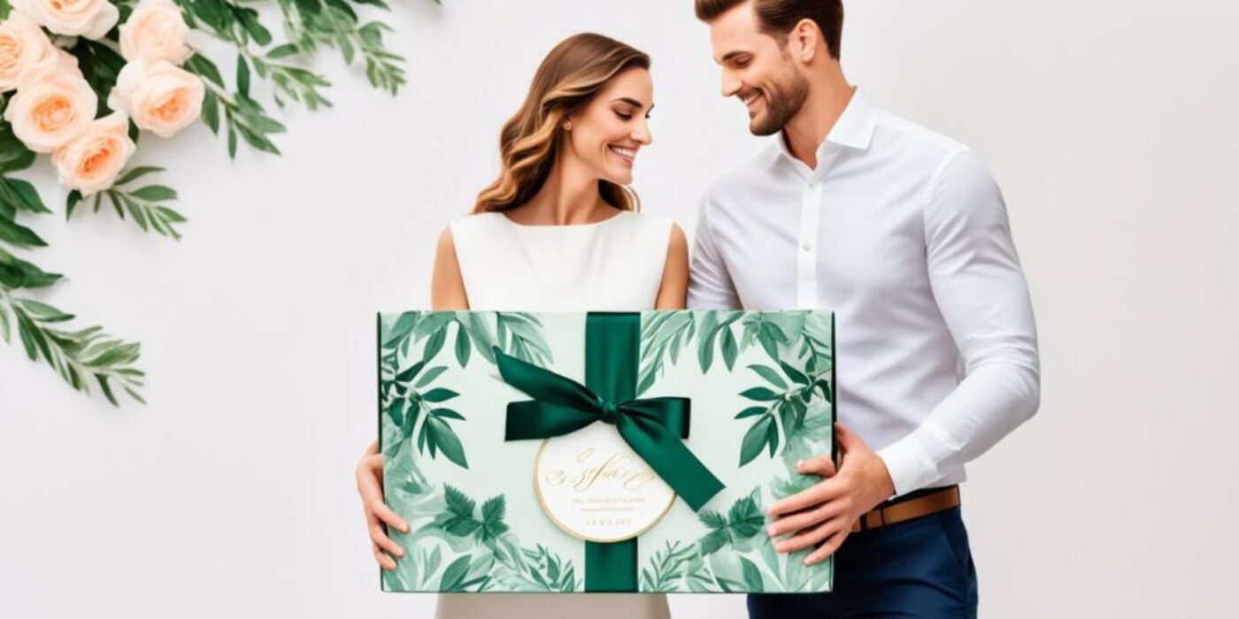 A stylish couple holding hands in front of a gift box with personalized engravings. The box is adorned with ribbons and decorative foliage, while the couple exudes elegance and sophistication in their attire.