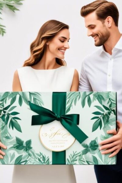 A stylish couple holding hands in front of a gift box with personalized engravings. The box is adorned with ribbons and decorative foliage, while the couple exudes elegance and sophistication in their attire.