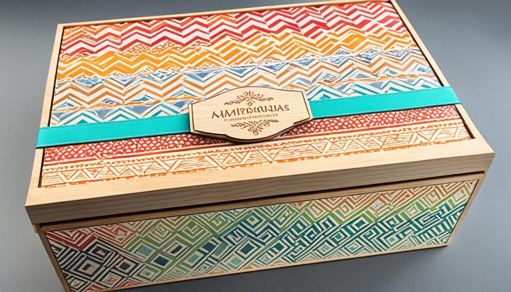 Colorful geometric patterns overlapping a wooden box with the recipient's name engraved on it. A ribbon in the same colors of the patterns wraps around the box, creating a harmonious and stylish look.