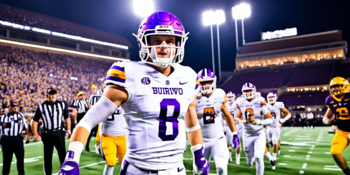 Joe Burrow stands tall on the football field, surrounded by his high school teammates. The bright lights of the stadium illuminate the scene as Joe prepares to snap the ball and lead his team to victory. The crowd roars with excitement as he takes off down the field, leaving the opposing team in his dust. In the background, the scoreboard shows a commanding lead for Joe's team, a testament to his leadership and talent on the field.