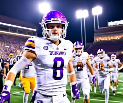 Joe Burrow stands tall on the football field, surrounded by his high school teammates. The bright lights of the stadium illuminate the scene as Joe prepares to snap the ball and lead his team to victory. The crowd roars with excitement as he takes off down the field, leaving the opposing team in his dust. In the background, the scoreboard shows a commanding lead for Joe's team, a testament to his leadership and talent on the field.