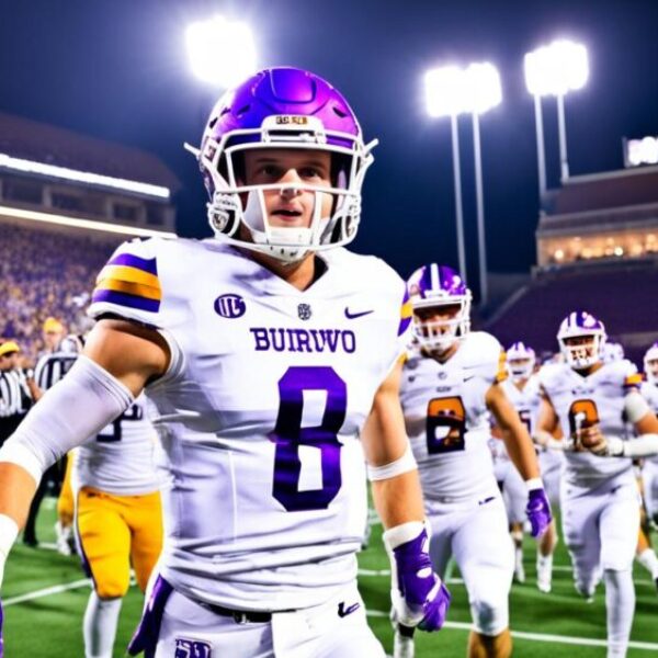 Joe Burrow stands tall on the football field, surrounded by his high school teammates. The bright lights of the stadium illuminate the scene as Joe prepares to snap the ball and lead his team to victory. The crowd roars with excitement as he takes off down the field, leaving the opposing team in his dust. In the background, the scoreboard shows a commanding lead for Joe's team, a testament to his leadership and talent on the field.