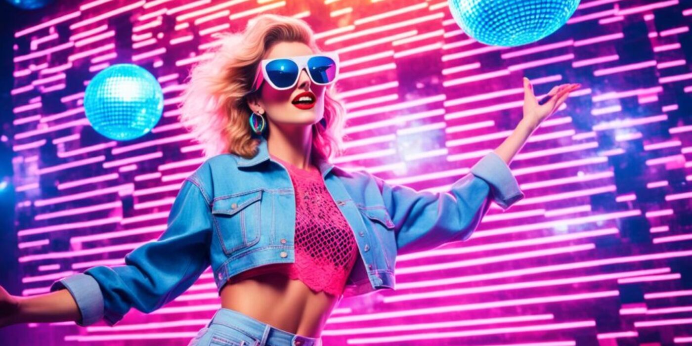 A vibrant 80s-inspired outfit with a lace crop top paired with high-waisted denim shorts. The model wears oversized sunglasses and carries a neon pink boombox as they dance under a disco ball. The background features colorful geometric shapes and neon lights.