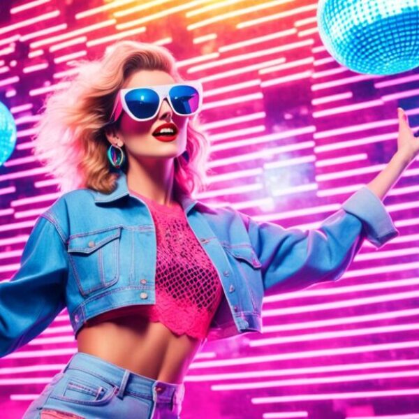 A vibrant 80s-inspired outfit with a lace crop top paired with high-waisted denim shorts. The model wears oversized sunglasses and carries a neon pink boombox as they dance under a disco ball. The background features colorful geometric shapes and neon lights.