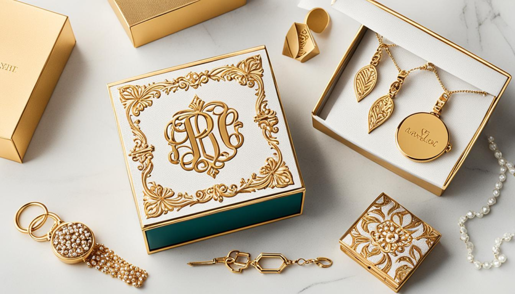 Create an image of a stylishly ornamented gift box, with personalized accessories inside, such as a monogrammed leather wallet, a custom engraved watch, and a handmade beaded bracelet. The accessories should be arranged elegantly with some spilling out of the box as if the recipient is eagerly admiring their new gifts. The color palette should be classy and sophisticated, with warm golds and rich browns to complement the luxurious feel of the accessories.