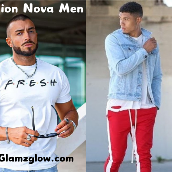 A stylish young man dressed in trendy Fashion Nova Men apparel, standing confidently against a modern urban backdrop.