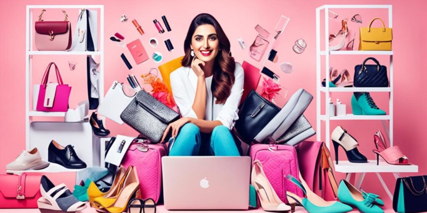 Create an image of a fashionable woman browsing through different outfits on her laptop, while surrounded by various fashion items like shoes, bags, and accessories. The laptop screen should show the Nykaa Fashion website with trendy styles and new arrivals. The woman should have a look of excitement on her face, as if she just discovered something amazing. The overall vibe of the image should be modern, stylish, and upbeat.