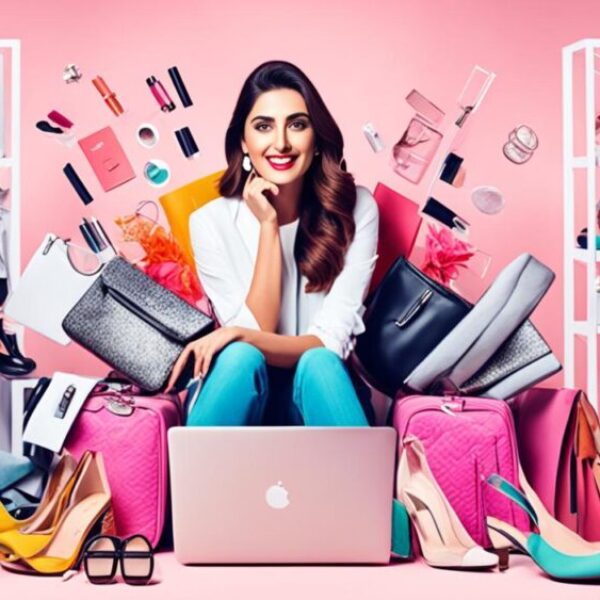 Create an image of a fashionable woman browsing through different outfits on her laptop, while surrounded by various fashion items like shoes, bags, and accessories. The laptop screen should show the Nykaa Fashion website with trendy styles and new arrivals. The woman should have a look of excitement on her face, as if she just discovered something amazing. The overall vibe of the image should be modern, stylish, and upbeat.