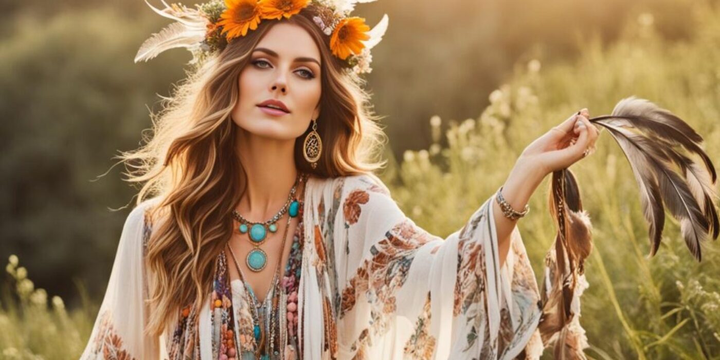 Create an image that embodies the free-spirited essence of boho fashion. Think flowy fabrics in earthy tones, layered jewelry, and natural-looking hair and makeup. Perhaps include elements like feathers, fringe, or floral prints to really capture the bohemian vibe. Focus on creating a relaxed and carefree atmosphere, with the model posing in a tranquil outdoor setting or perhaps lounging on a cozy tapestry or rug. Keep the overall vibe whimsical, but also with a touch of sophistication - think iconic Bohemian muses like Stevie Nicks or Janis Joplin.