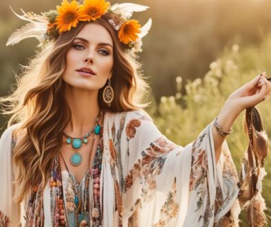 Create an image that embodies the free-spirited essence of boho fashion. Think flowy fabrics in earthy tones, layered jewelry, and natural-looking hair and makeup. Perhaps include elements like feathers, fringe, or floral prints to really capture the bohemian vibe. Focus on creating a relaxed and carefree atmosphere, with the model posing in a tranquil outdoor setting or perhaps lounging on a cozy tapestry or rug. Keep the overall vibe whimsical, but also with a touch of sophistication - think iconic Bohemian muses like Stevie Nicks or Janis Joplin.
