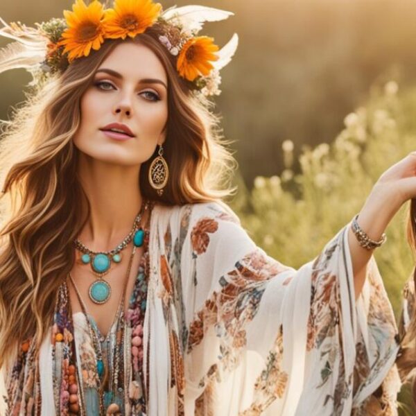 Create an image that embodies the free-spirited essence of boho fashion. Think flowy fabrics in earthy tones, layered jewelry, and natural-looking hair and makeup. Perhaps include elements like feathers, fringe, or floral prints to really capture the bohemian vibe. Focus on creating a relaxed and carefree atmosphere, with the model posing in a tranquil outdoor setting or perhaps lounging on a cozy tapestry or rug. Keep the overall vibe whimsical, but also with a touch of sophistication - think iconic Bohemian muses like Stevie Nicks or Janis Joplin.