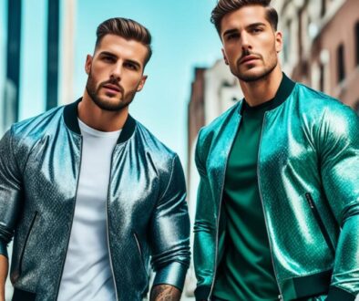 Create an image of two fashionable men standing on a city street, wearing stylish outfits from the Fashion Nova Men collection. They should look confident and modern, exuding coolness and charisma. The clothing should be trendy, with bold colors and unique patterns that reflect their individual style. The background should be a busy urban setting, with buildings, cars, and people in the distance, emphasizing the fast-paced vibe of the city.