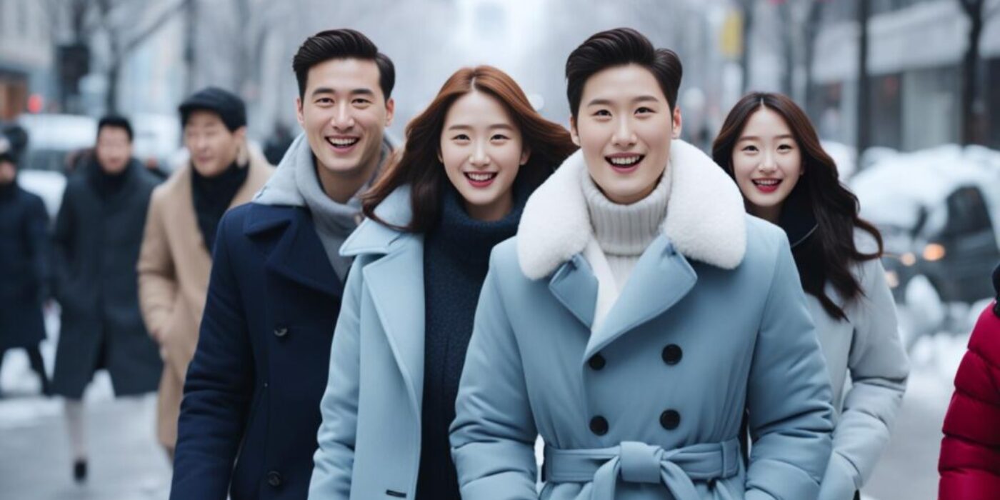 Show a group of individuals walking down a bustling Korean street clad in various winter coats. The coats should be in different colors and styles, ranging from classic woolen pea coats to trendy oversized puffers. The people wearing the coats should also be diverse, representing different ages, genders, and styles. In the background, there should be a subtle hint of snowy weather, with frost accumulating on the pavement and buildings. The overall vibe of the image should be cozy and fashionable, capturing the essence of Korean street-style fashion in the wintertime.