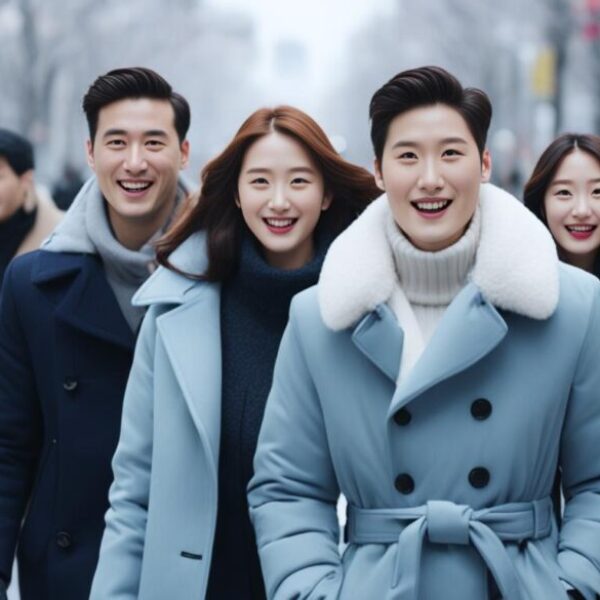 Show a group of individuals walking down a bustling Korean street clad in various winter coats. The coats should be in different colors and styles, ranging from classic woolen pea coats to trendy oversized puffers. The people wearing the coats should also be diverse, representing different ages, genders, and styles. In the background, there should be a subtle hint of snowy weather, with frost accumulating on the pavement and buildings. The overall vibe of the image should be cozy and fashionable, capturing the essence of Korean street-style fashion in the wintertime.