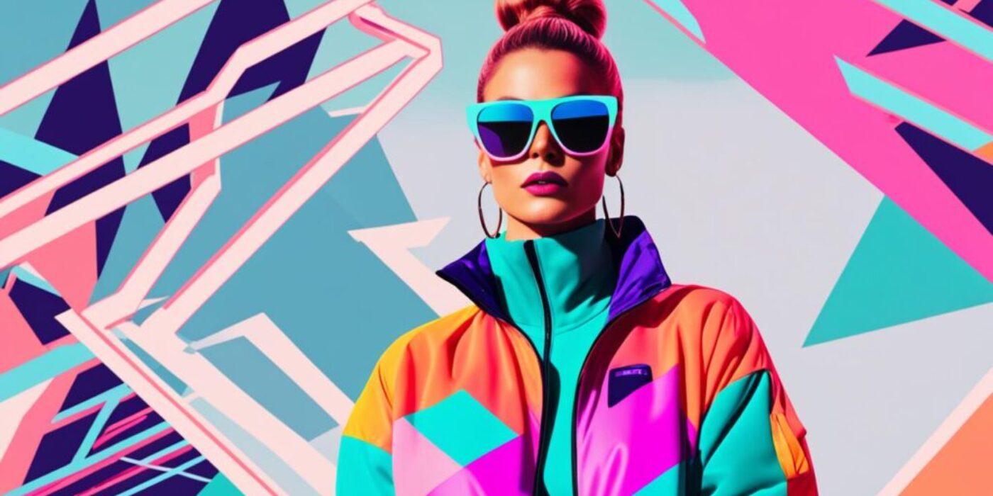 A colorful graphic of a silhouette wearing oversized sunglasses, bold shoulder pads, and a neon windbreaker jacket, with a backdrop of a geometric pattern reminiscent of 80s aesthetics.