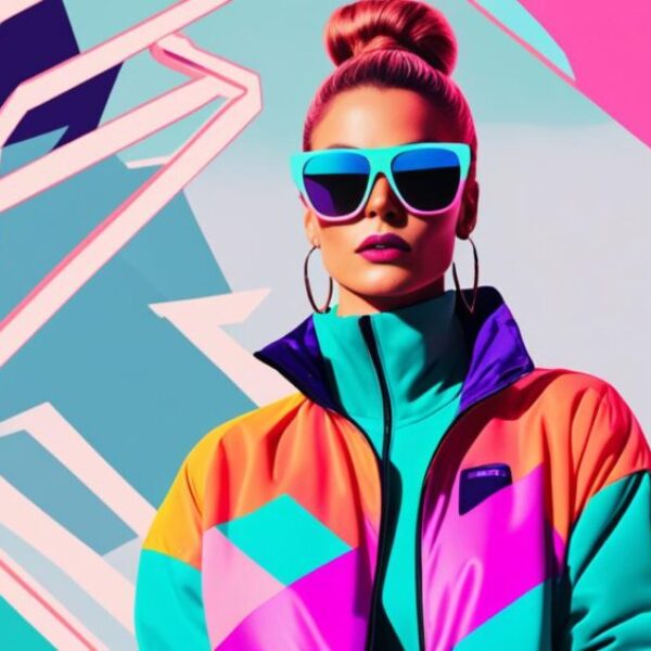 A colorful graphic of a silhouette wearing oversized sunglasses, bold shoulder pads, and a neon windbreaker jacket, with a backdrop of a geometric pattern reminiscent of 80s aesthetics.