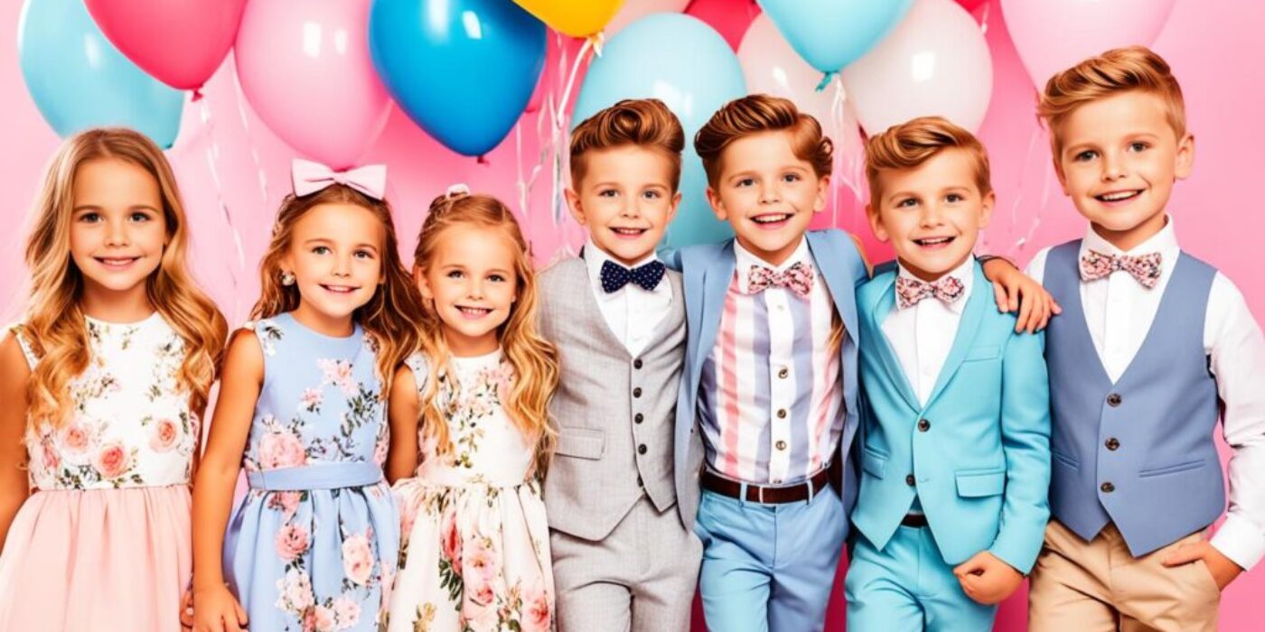 A group of young girls and boys dressed in trendy and stylish outfits for a special occasion, such as a wedding or birthday party. The girls are wearing cute dresses with ruffles and floral prints while the boys are sporting sharp suits with bow ties. They are standing in front of a beautifully decorated backdrop, with balloons, flowers, and fairy lights. Some of them are holding small gifts or party favors while others are striking a pose or chatting with each other. The scene exudes fun, joy, and excitement, capturing the essence of a memorable celebration.