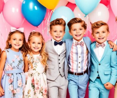 A group of young girls and boys dressed in trendy and stylish outfits for a special occasion, such as a wedding or birthday party. The girls are wearing cute dresses with ruffles and floral prints while the boys are sporting sharp suits with bow ties. They are standing in front of a beautifully decorated backdrop, with balloons, flowers, and fairy lights. Some of them are holding small gifts or party favors while others are striking a pose or chatting with each other. The scene exudes fun, joy, and excitement, capturing the essence of a memorable celebration.