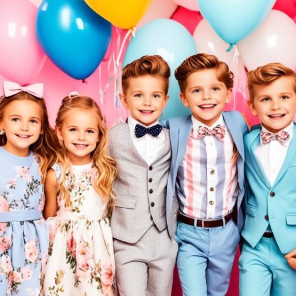 A group of young girls and boys dressed in trendy and stylish outfits for a special occasion, such as a wedding or birthday party. The girls are wearing cute dresses with ruffles and floral prints while the boys are sporting sharp suits with bow ties. They are standing in front of a beautifully decorated backdrop, with balloons, flowers, and fairy lights. Some of them are holding small gifts or party favors while others are striking a pose or chatting with each other. The scene exudes fun, joy, and excitement, capturing the essence of a memorable celebration.