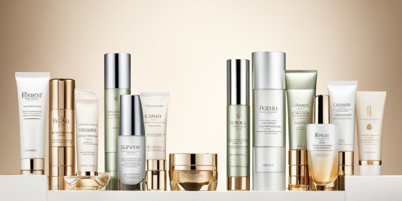 Create an image of premium beauty products arranged in an elegant display. Each product should shine and catch the viewer's eye, emphasizing their luxury nature. Add subtle lighting that highlights the intricate details and textures of the products, making them appear even more enticing. The background should be clean and simple, adding to the overall sophistication of the image.