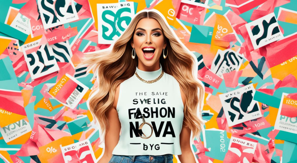 Create an image of a fashionable woman wearing trendy clothes, surrounded by shopping bags with the Fashion Nova logo. The woman should have a happy expression on her face and be holding up a discount code card with a prominent "Save Big" message. The background should be colorful with abstract patterns to convey excitement and exclusiveness. Show the discount code as the centerpiece of the image, glowing and highlighted to emphasize its importance.