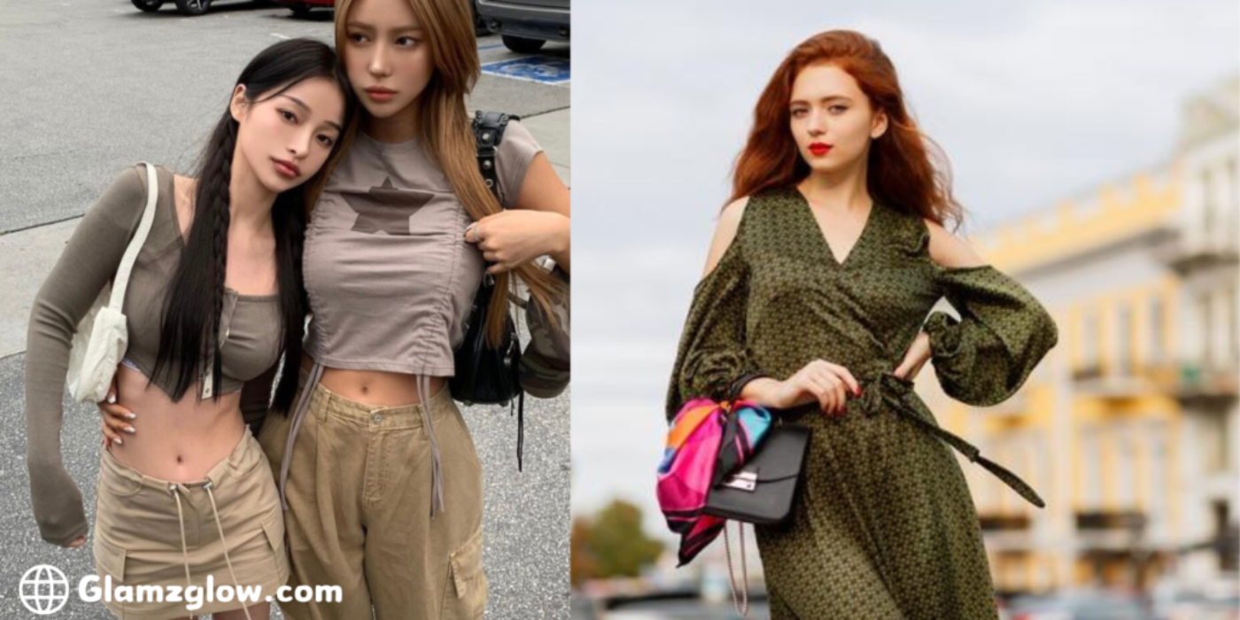 Two women posing outdoors in stylish outfits. The women on the left are dressed in casual streetwear with neutral tones, while the woman on the right wears a green patterned dress.