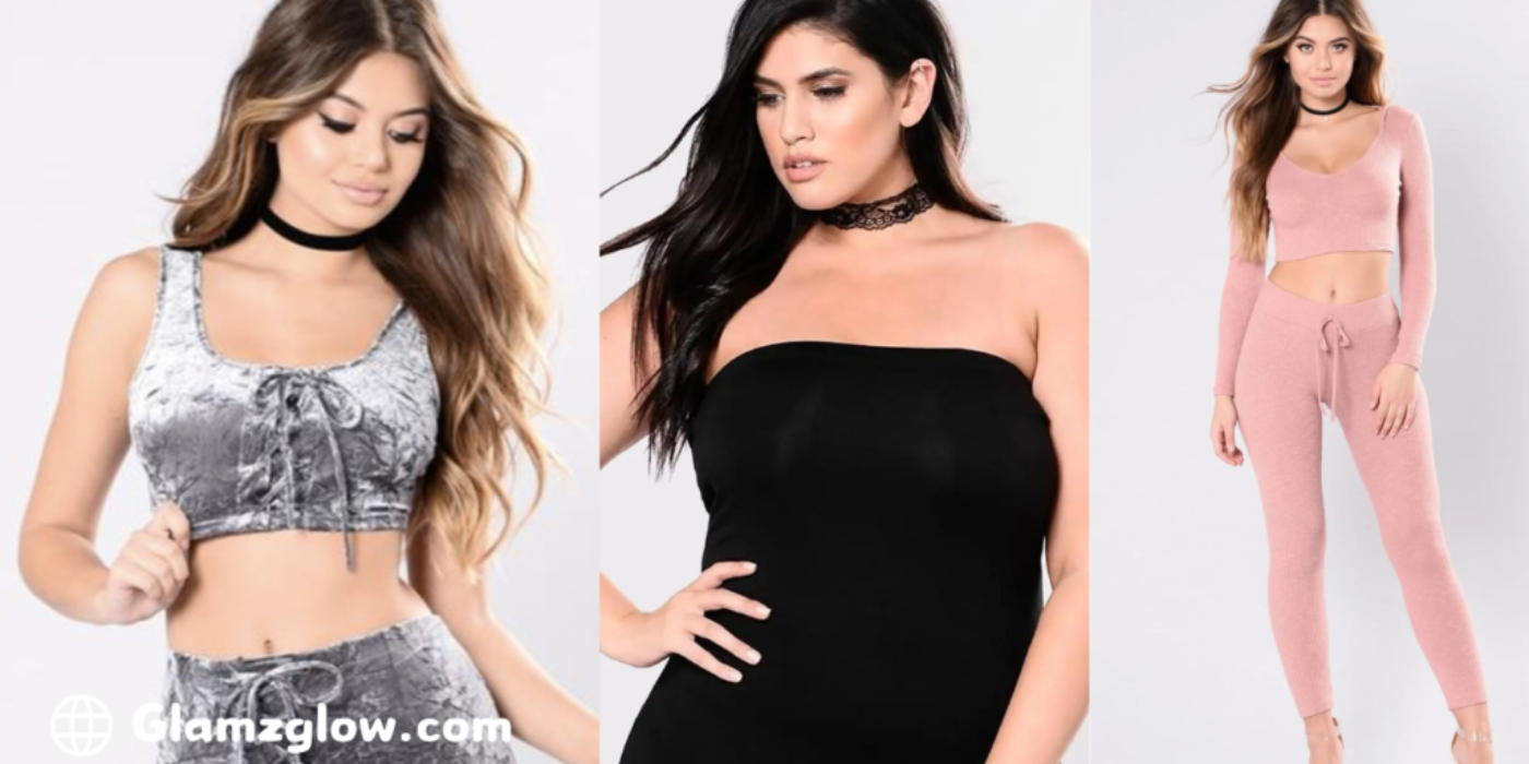 A collage of three fashion models wearing stylish outfits, including a silver velvet crop top and shorts, a black strapless dress, and a pink ribbed two-piece set. The image promotes trendy women's fashion available at Glamzglow.com.