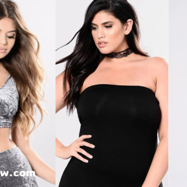 A collage of three fashion models wearing stylish outfits, including a silver velvet crop top and shorts, a black strapless dress, and a pink ribbed two-piece set. The image promotes trendy women's fashion available at Glamzglow.com.