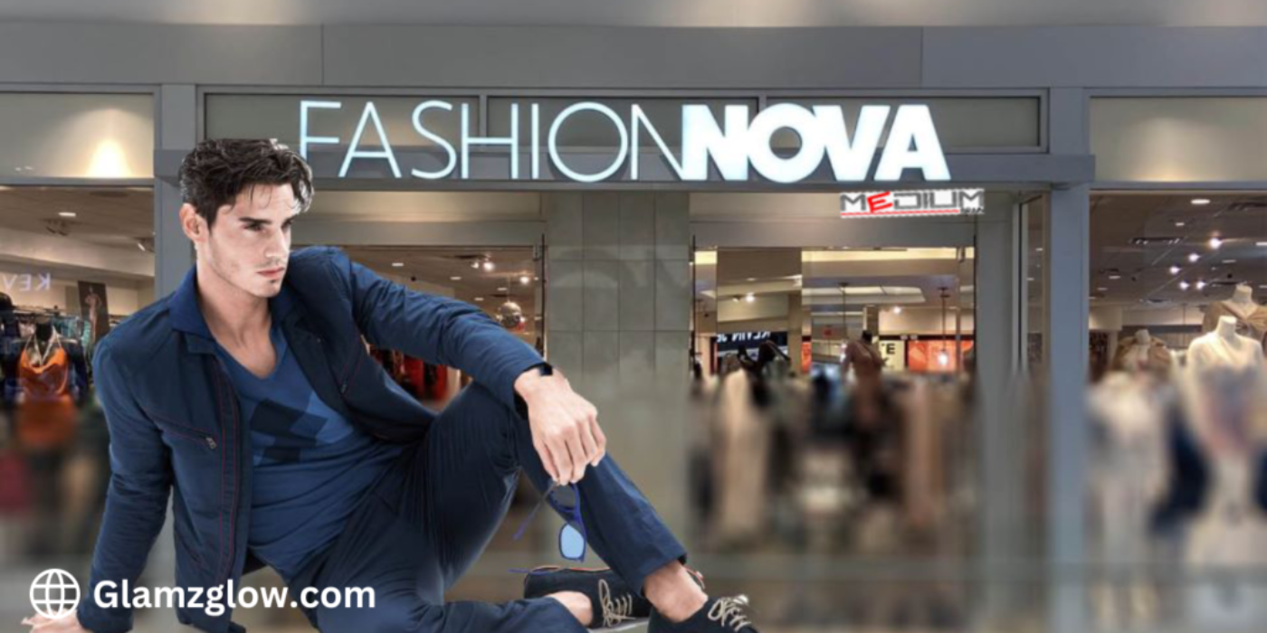 Male model in stylish blue outfit posing in front of a Fashion Nova store.