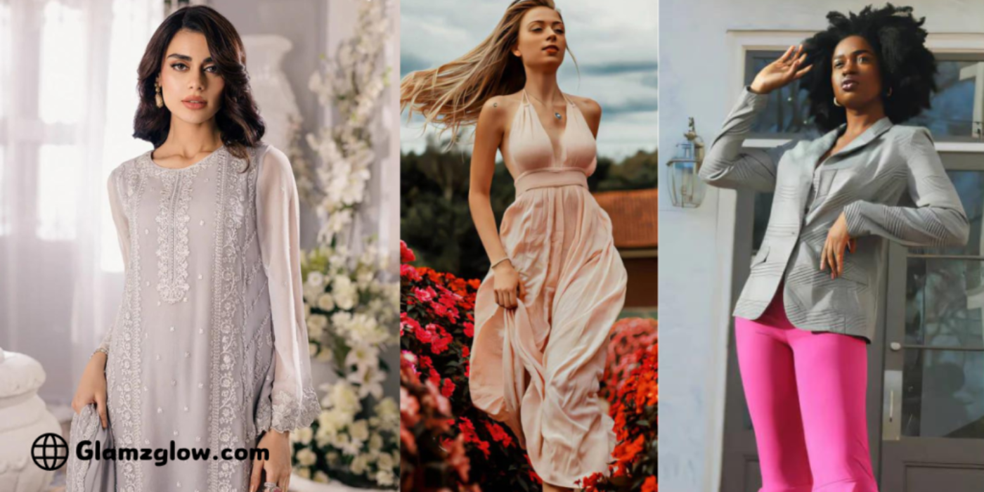 Three women showcasing elegant and diverse fashion styles: one in a traditional embroidered outfit, another in a flowing summer dress, and the third in a modern blazer with vibrant pink pants.