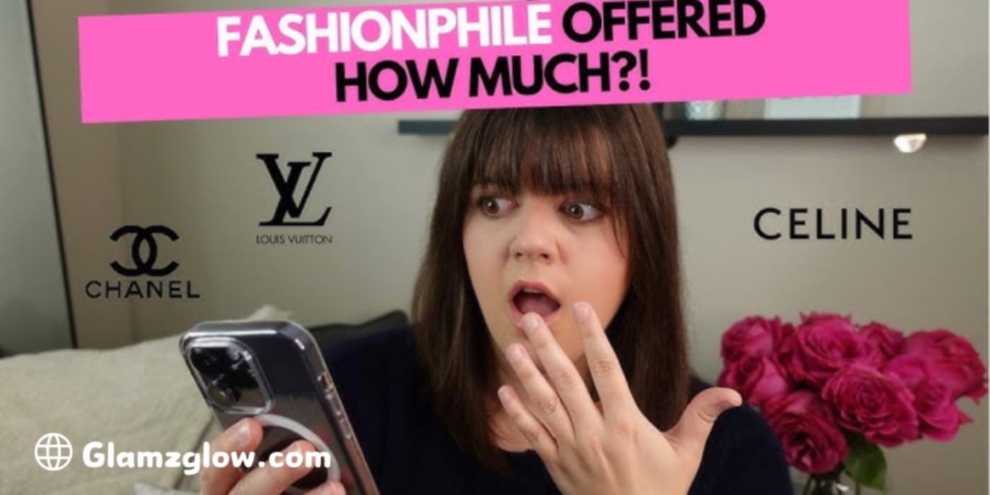 A surprised woman holding a smartphone with logos of Chanel, Louis Vuitton, and Celine around her. The text above her reads "Fashionphile offered how much?!" in bold pink and black lettering.