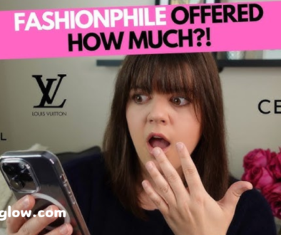 A surprised woman holding a smartphone with logos of Chanel, Louis Vuitton, and Celine around her. The text above her reads "Fashionphile offered how much?!" in bold pink and black lettering.